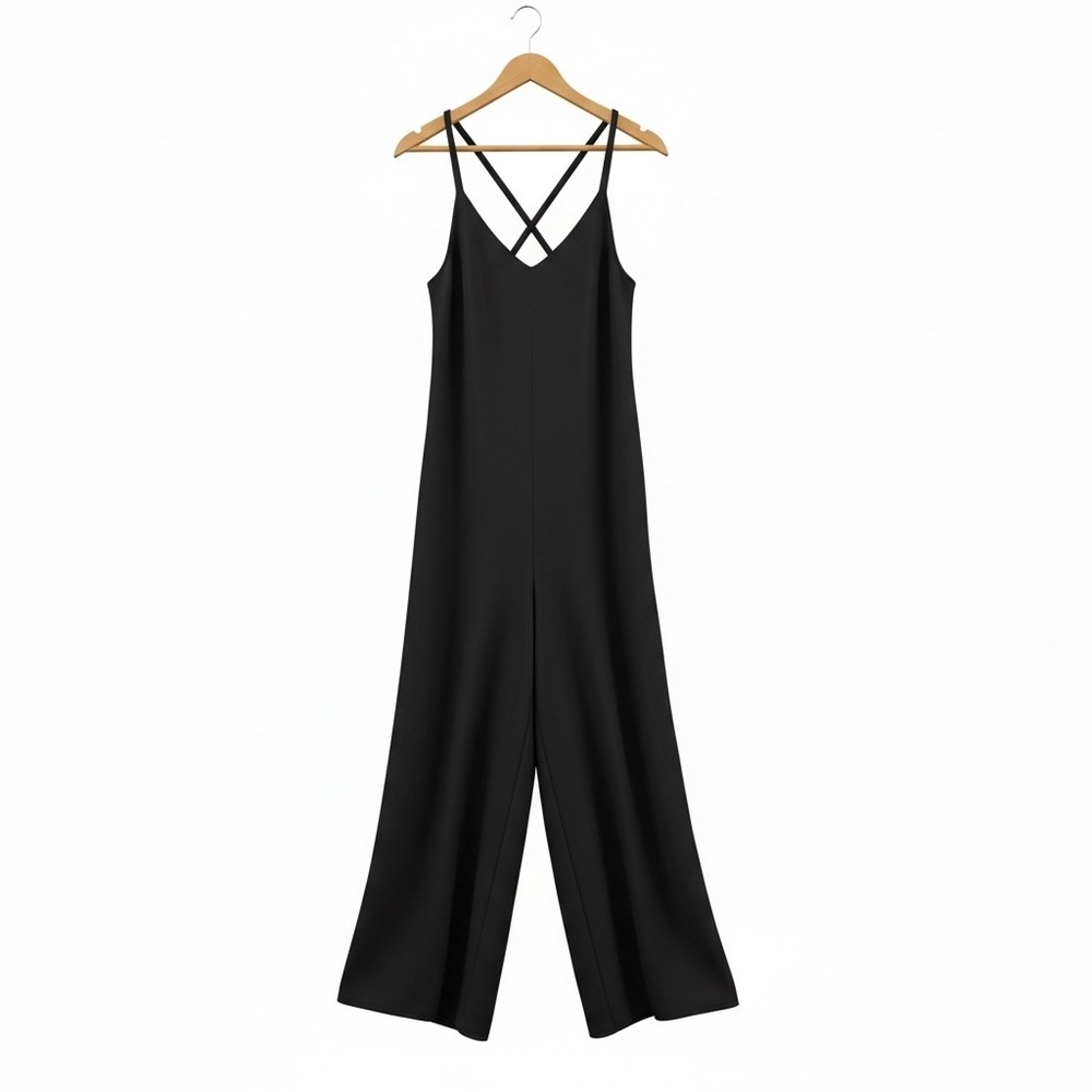 Sans Souci Jumpsuit sz M Black Wide Leg Spaghetti Strap wide leg Minimalist